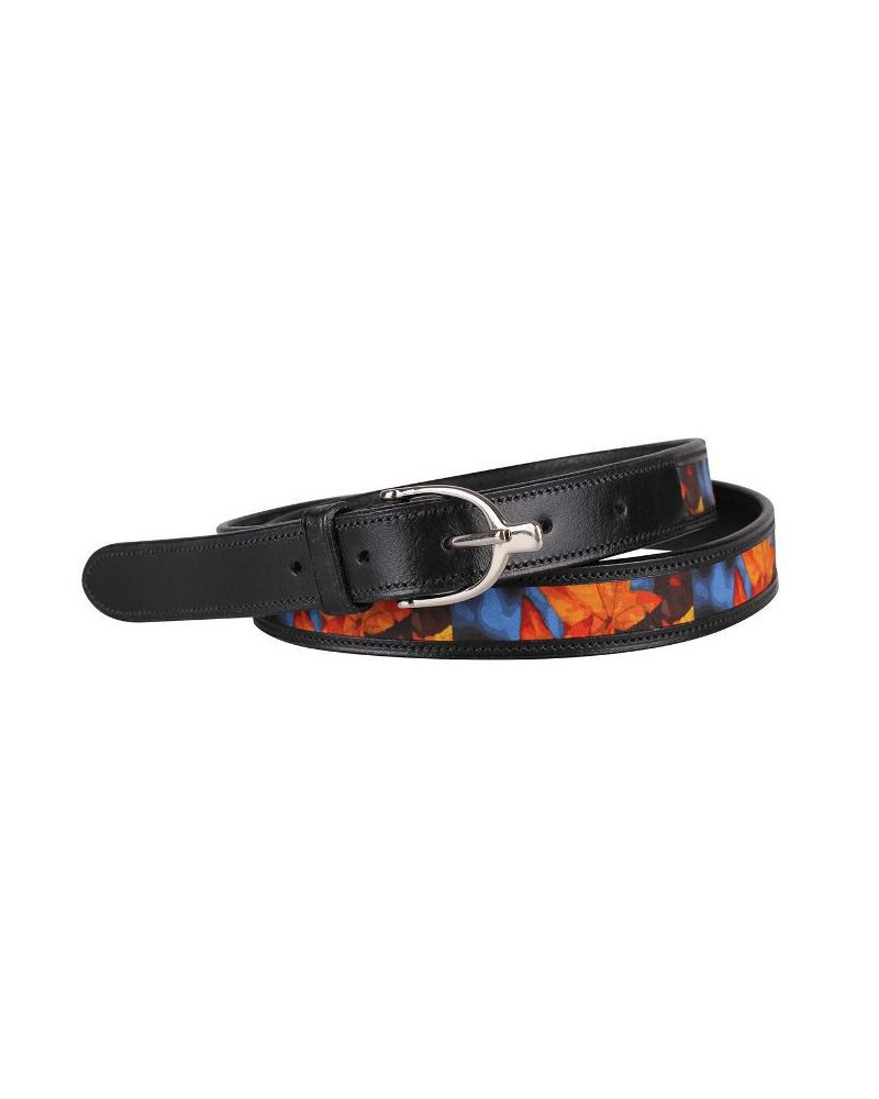 QHP leren riem Sally, zwart/herfstbladprint, 90cm