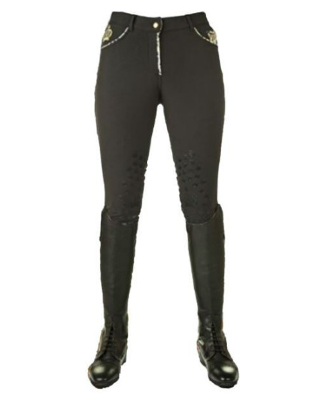 Glööckler by HKM rijbroek, siliconen knie, Zwart met tijgerprint accenten