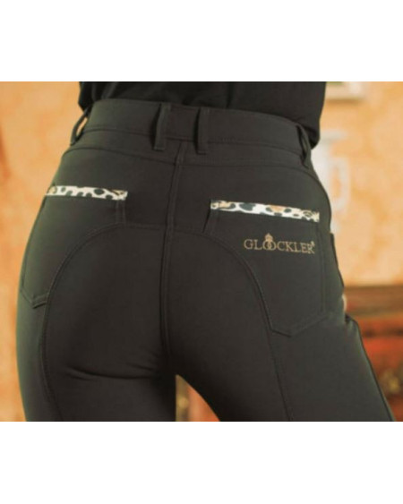 Glööckler by HKM rijbroek, siliconen knie, Zwart met tijgerprint accenten