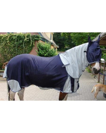 QHP vliegendeken met hals en hoofdkap, Navy/Grijs