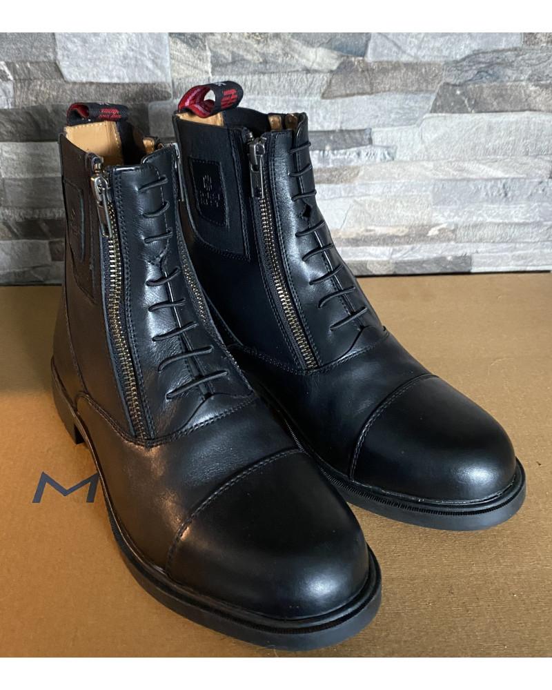 Horse Nest leren jodhpurs met dubbele rits en elast. veter, Zwart