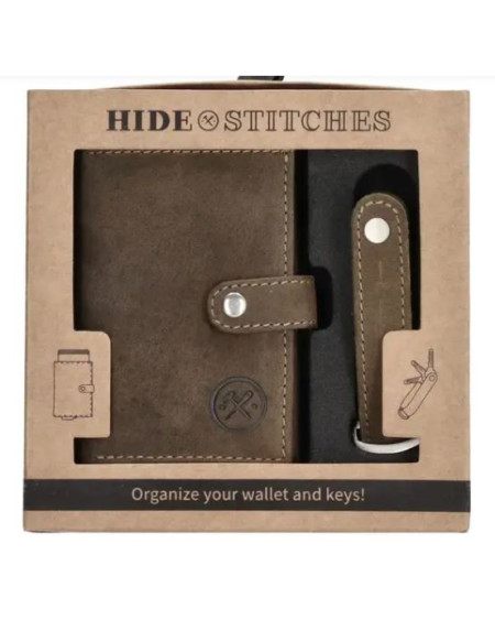 Hide & Stitches Giftset Hide & Stitches Idaho safety wallet & sleutelhanger, Olijfgroen