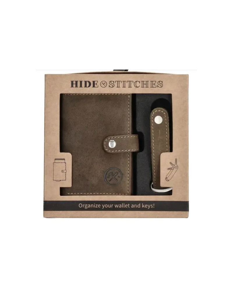 Hide & Stitches Giftset Hide & Stitches Idaho safety wallet & sleutelhanger 20208, Olijfgroen